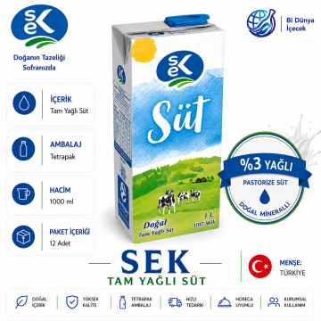 Sek Tam Yağlı Süt (%3) 1 L x 12